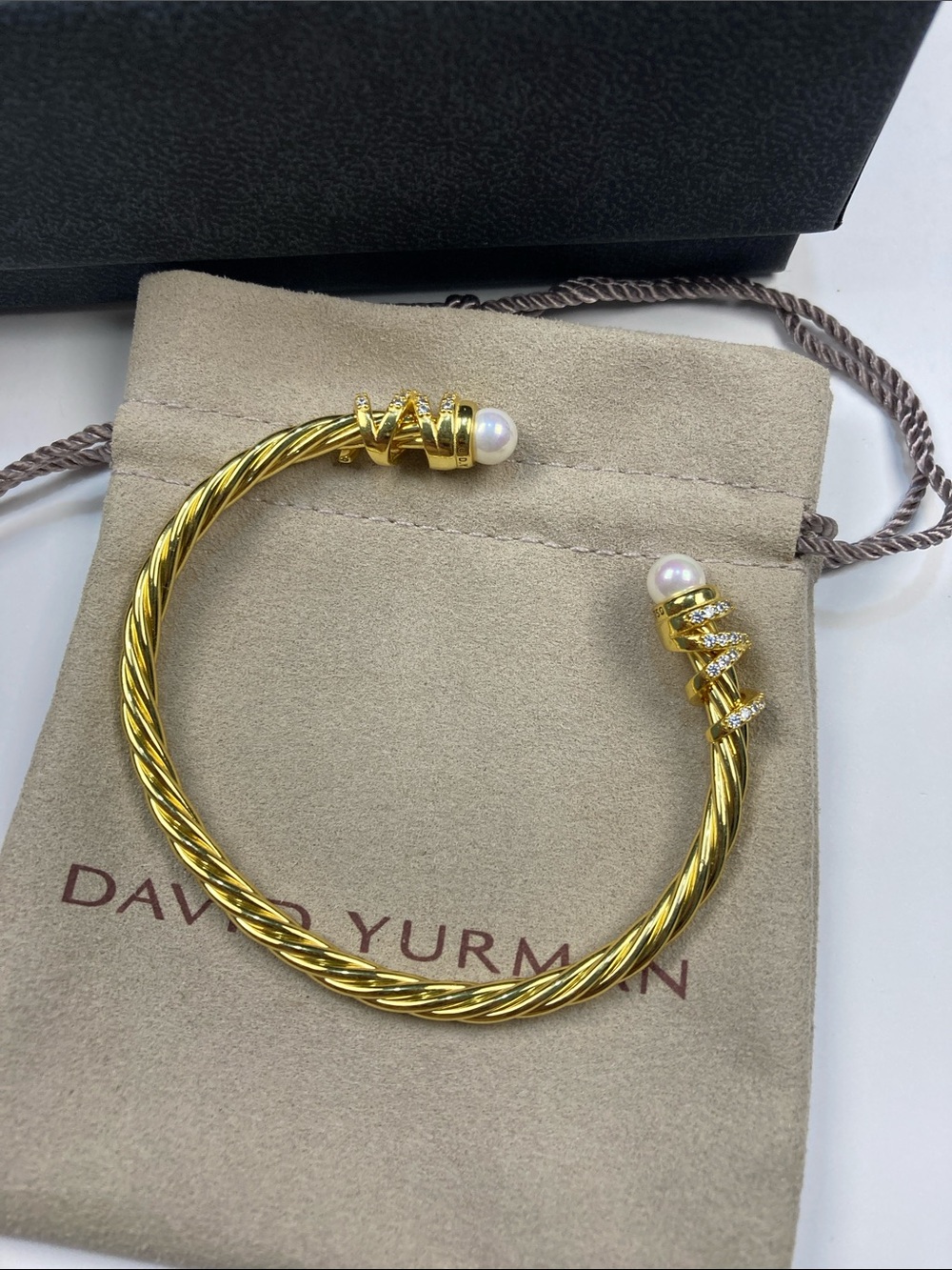 David Yurman Gold Cable Bracelet with Pearl and Diamond Accents